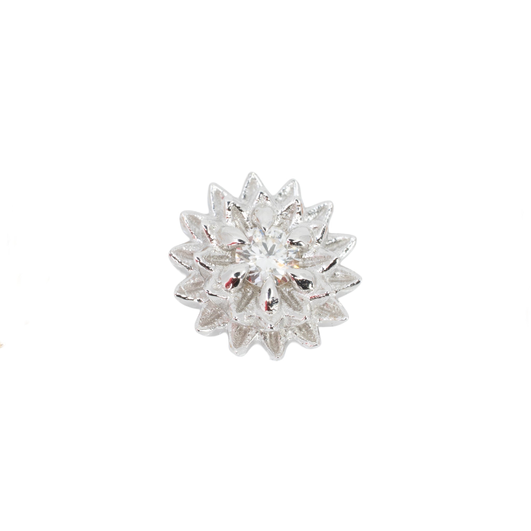 A round diamond stud push pin earring in a white gold flower setting with two rows of petals. 