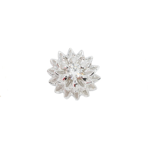 A round diamond stud push pin earring in a white gold flower setting with two rows of petals. 