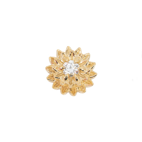 A round diamond stud push pin earring in a yellow gold flower setting with two rows of petals. 