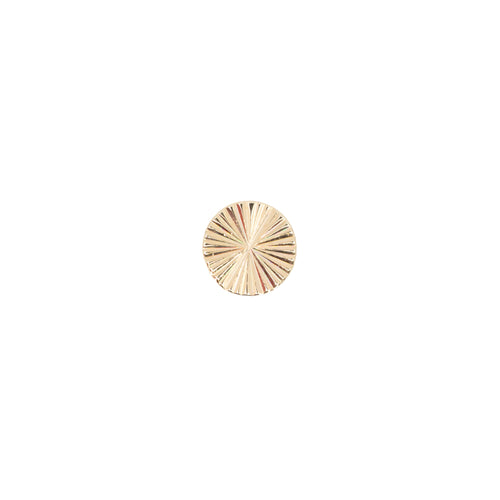 Yellow gold push pin earring of a flat medium disk with etched lines pointing toward the center.