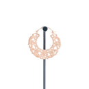 A single rose gold plated hoop earrings with decorative scroll work accents.