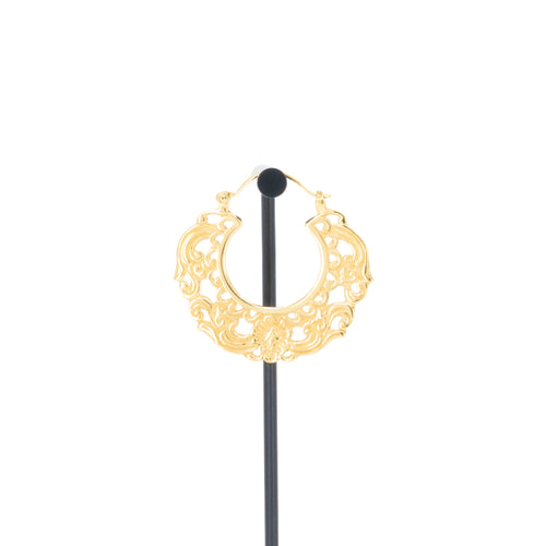 A single yellow gold plated hoop earrings with decorative scroll work accents.