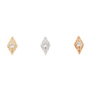 Three laser etched elongated diamond shaped push pin earrings with a round white diamond in the center.  One yellow gold, one white gold, and one rose gold.