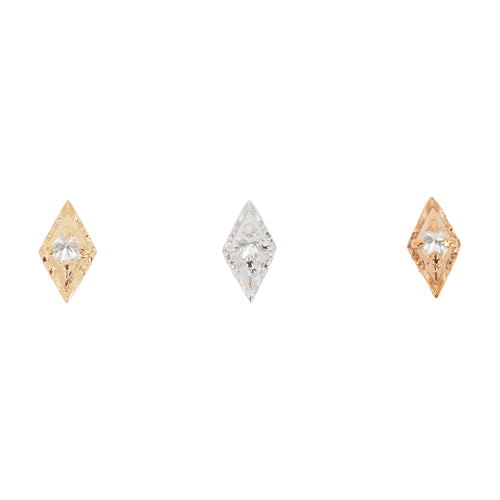 Three laser etched elongated diamond shaped push pin earrings with a round white diamond in the center.  One yellow gold, one white gold, and one rose gold.