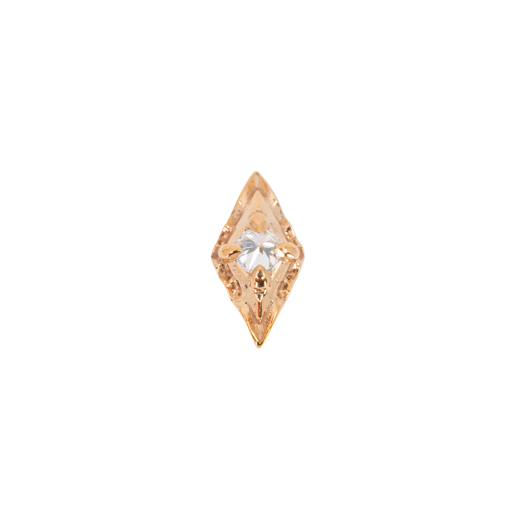 Rose gold laser etched elongated diamond shaped push pin earring with a reverse set round white diamond in the center.  