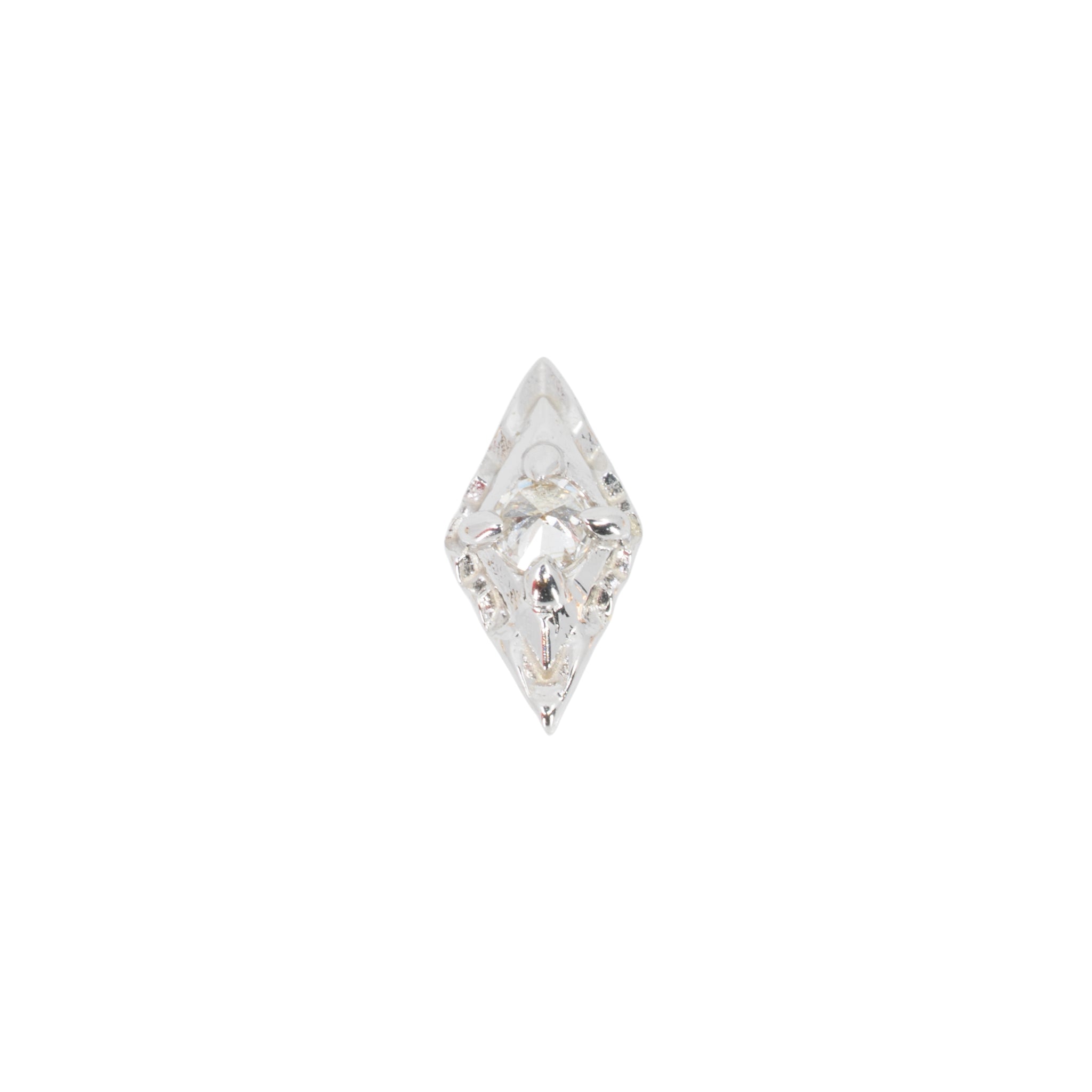 White gold laser etched elongated diamond shaped push pin earring with a reverse set round white diamond in the center.  