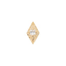 Yellow gold laser etched elongated diamond shaped push pin earring with a reverse set round white diamond in the center.  