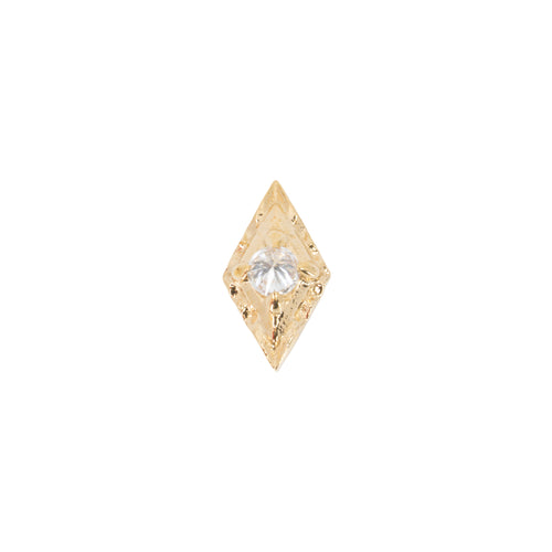 Yellow gold laser etched elongated diamond shaped push pin earring with a reverse set round white diamond in the center.  