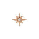 A rose gold laser etched star shaped push pin earring with a reversed prong set round white diamond in the center. 