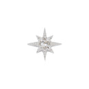 A white gold laser etched star shaped push pin earring with a reversed prong set round white diamond in the center. 