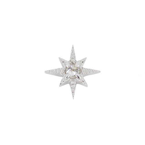 A white gold laser etched star shaped push pin earring with a reversed prong set round white diamond in the center. 
