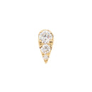 Yellow gold push pin earring in the shape of an elongated teardrop with three prong set diamonds.