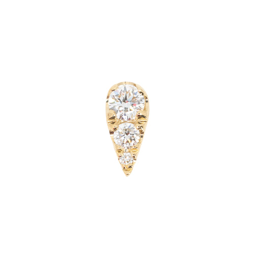Yellow gold push pin earring in the shape of an elongated teardrop with three prong set diamonds.