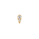 Yellow gold push pin earring in the shape of an elongated teardrop with two prong set diamonds.
