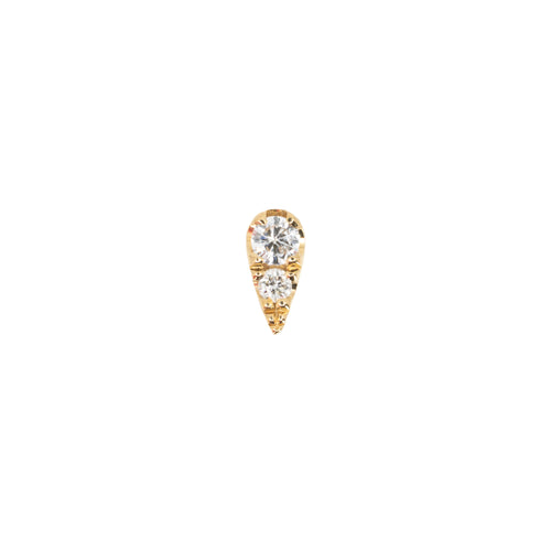 Yellow gold push pin earring in the shape of an elongated teardrop with two prong set diamonds.