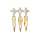 Yellow gold push pin earring consisting of three round prong set white diamonds in a horizontal row each with a gold pendulum hanging.
