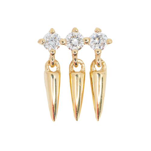 Yellow gold push pin earring consisting of three round prong set white diamonds in a horizontal row each with a gold pendulum hanging.