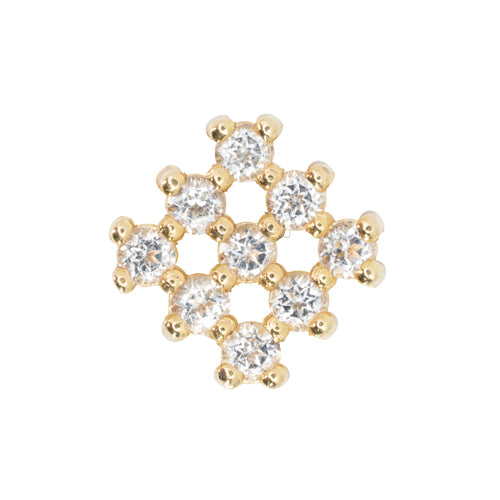 Yellow gold push pin earring consisting of nine round white sapphires in prong setting. There are three rows of three.