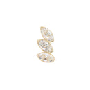 Yellow gold push pin earring with three stacked white CZ marquise in bezel settings.