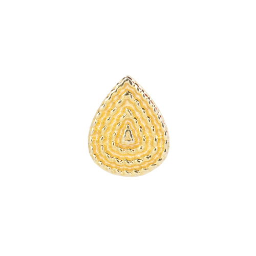 Yellow gold push pin earring consisting of a flat teardrop shape created by delicate braided gold strands.