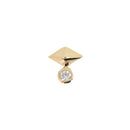 Yellow gold push pin earring consisting of a three dimensional gold diamond with a bezel set round white diamond underneath.