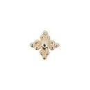 Yellow gold push pin earring with a main gold bead center and four accents consisting of three bead clusters.