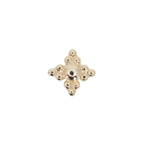 Yellow gold push pin earring with a main gold bead center and four accents consisting of three bead clusters.