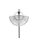 A single silver plated hoop earring with a half circle fan design with half circle and elongated triangle cutouts.