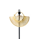 A single yellow gold plated hoop earring with a half circle fan design with half circle and elongated triangle cutouts.