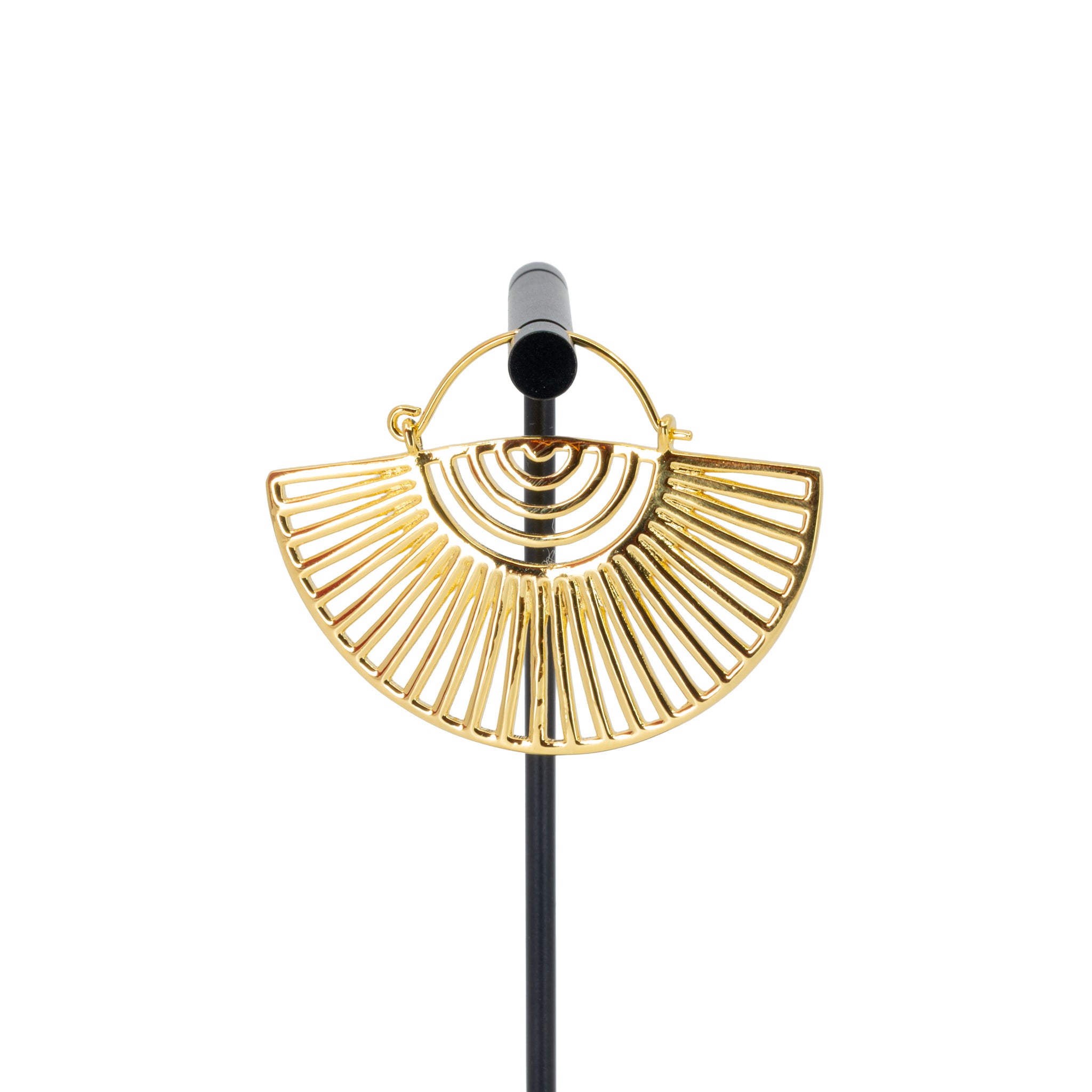 A single yellow gold plated hoop earring with a half circle fan design with half circle and elongated triangle cutouts.