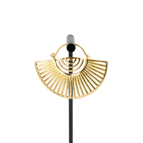 A single yellow gold plated hoop earring with a half circle fan design with half circle and elongated triangle cutouts.