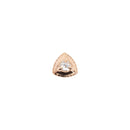 Rose gold push pin earring with one round reverse set white diamond in the center of a gold triangle with crimping along the edges. 