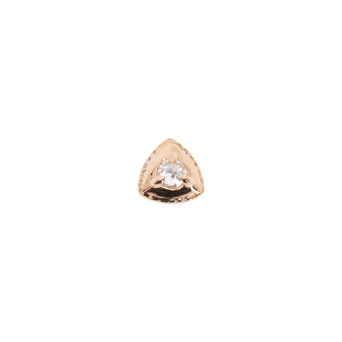 Rose gold push pin earring with one round reverse set white diamond in the center of a gold triangle with crimping along the edges. 