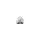 White gold push pin earring with one round reverse set white diamond in the center of a gold triangle with crimping along the edges. 