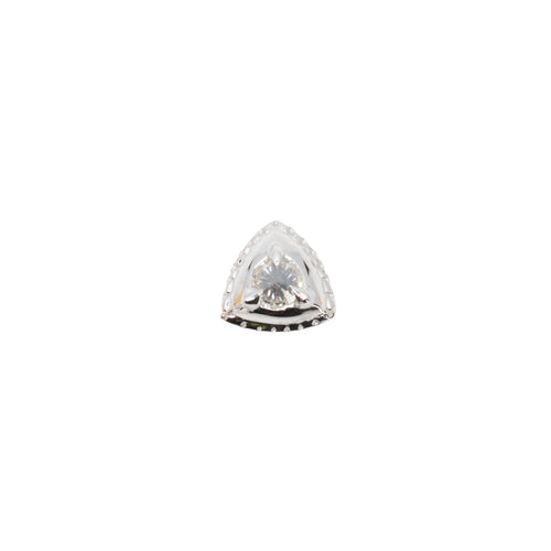 White gold push pin earring with one round reverse set white diamond in the center of a gold triangle with crimping along the edges. 