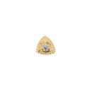 Yellow gold push pin earring with one round reverse set white diamond in the center of a gold triangle with crimping along the edges. 