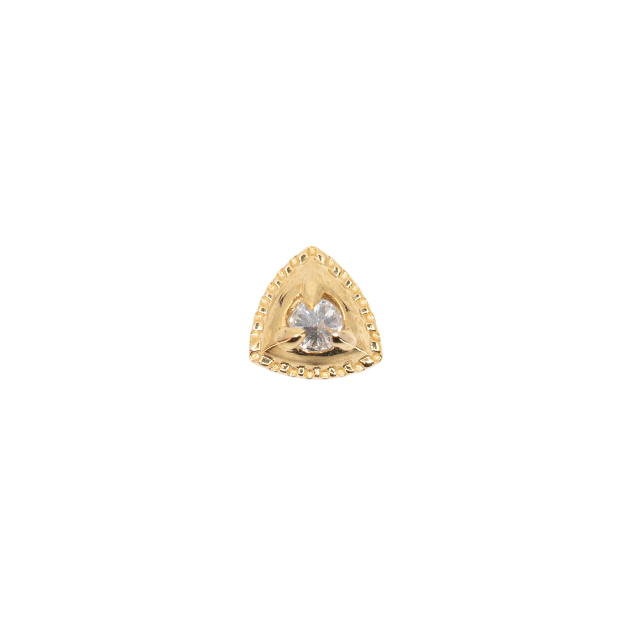 Yellow gold push pin earring with one round reverse set white diamond in the center of a gold triangle with crimping along the edges. 