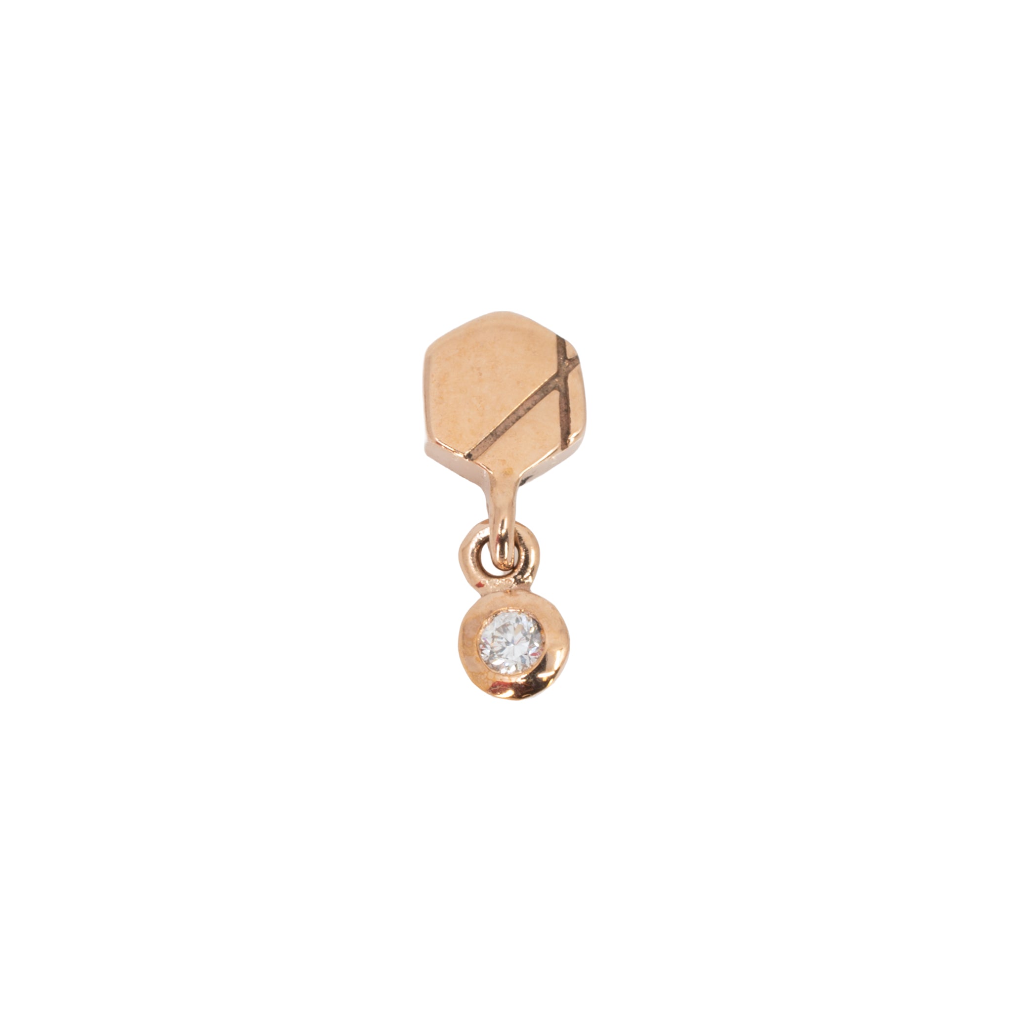 Rose gold laser etched hexagon push pin earring with bezel set round white diamond dangle. 