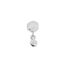 White gold laser etched hexagon push pin earring with bezel set round white diamond dangle. 