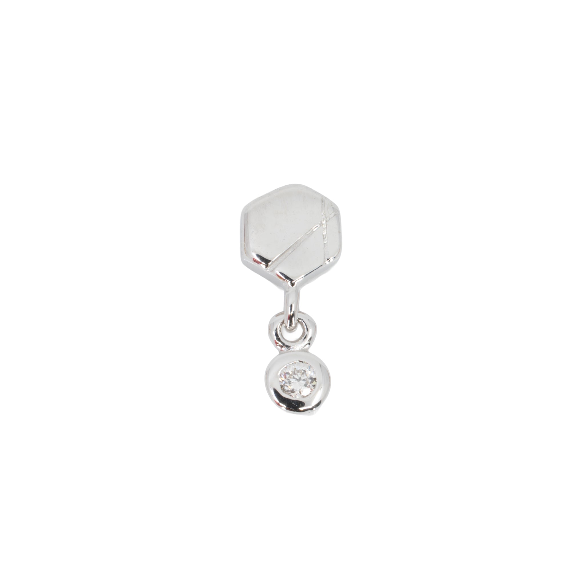 White gold laser etched hexagon push pin earring with bezel set round white diamond dangle. 