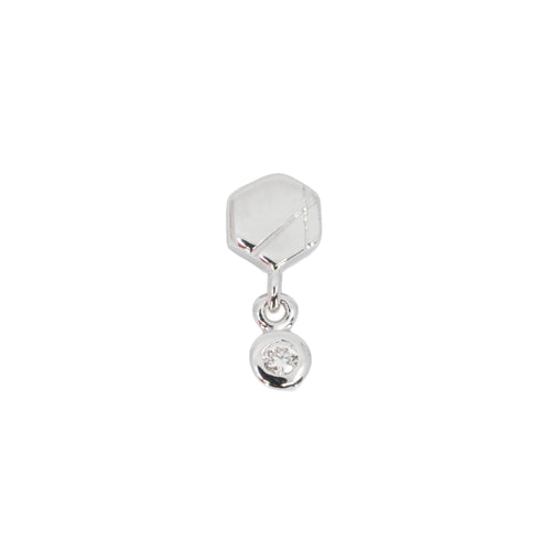 White gold laser etched hexagon push pin earring with bezel set round white diamond dangle. 