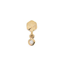 Yellow gold laser etched hexagon push pin earring with bezel set round white diamond dangle. 