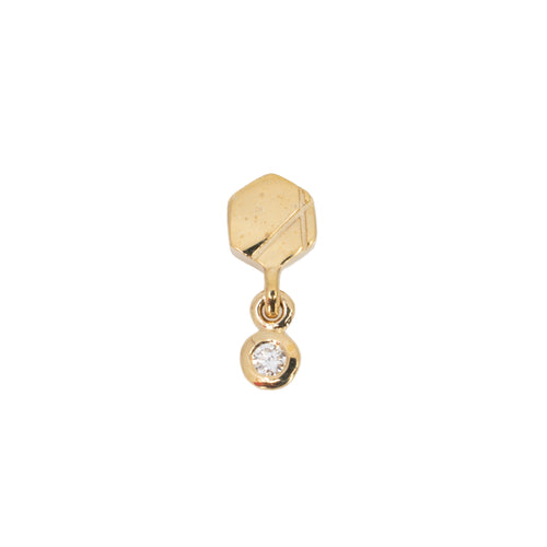 Yellow gold laser etched hexagon push pin earring with bezel set round white diamond dangle. 
