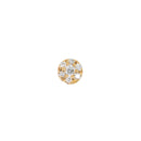 Yellow gold push pin earring with seven round white diamonds each prong set in a circle. Six diamonds on the outer edge and one diamond in the center.