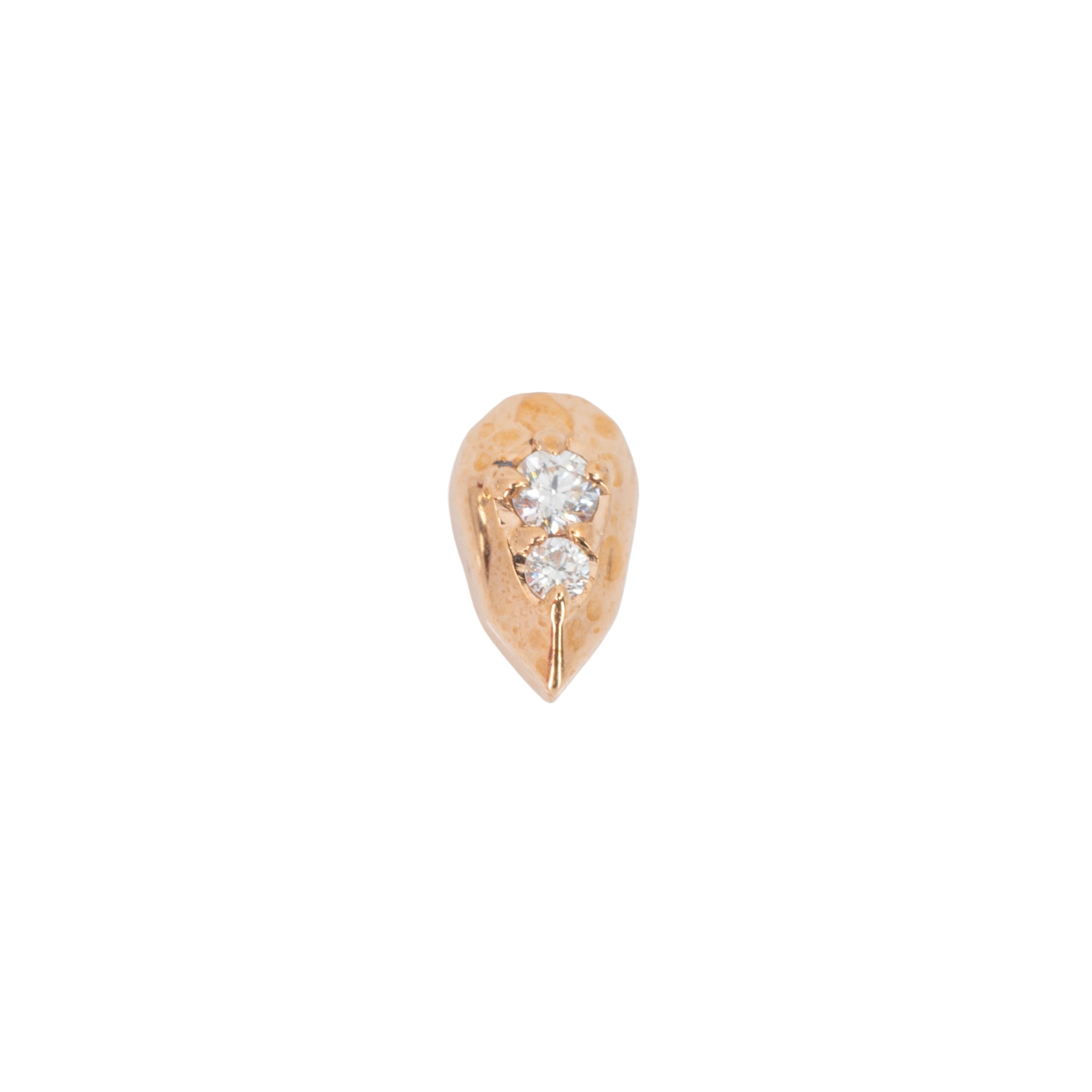 Rose gold  teardrop shaped push pin earring with two prong set round white diamonds. 