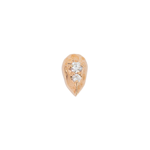 Rose gold  teardrop shaped push pin earring with two prong set round white diamonds. 