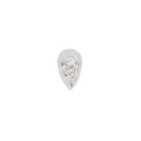 White gold  teardrop shaped push pin earring with two prong set round white diamonds. 