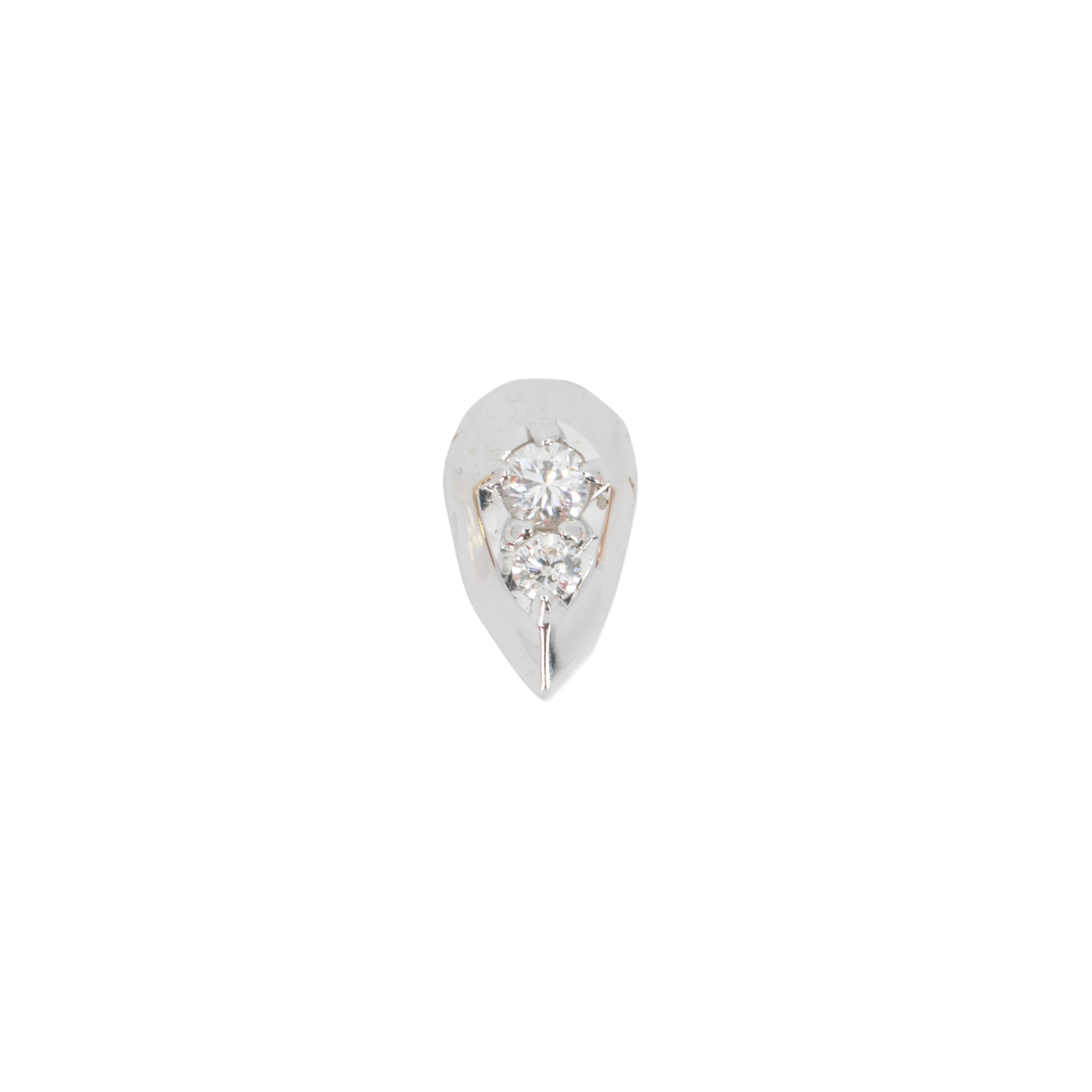 White gold  teardrop shaped push pin earring with two prong set round white diamonds. 