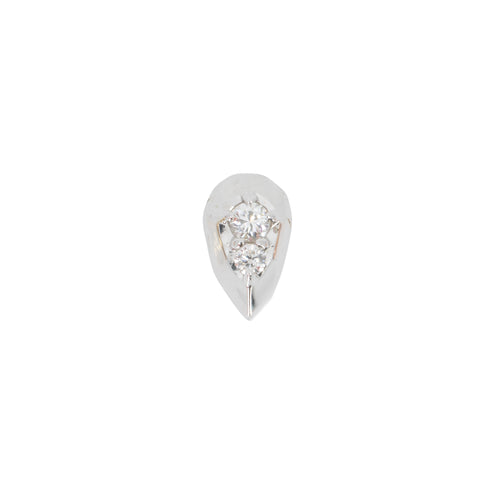White gold  teardrop shaped push pin earring with two prong set round white diamonds. 