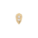Yellow gold  teardrop shaped push pin earring with two prong set round white diamonds. 